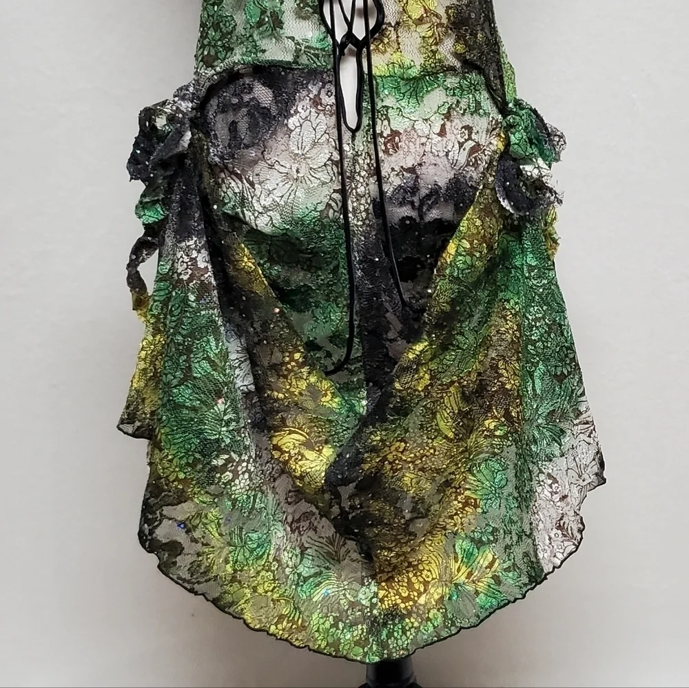80s Rare Vintage Surprise Parties Green Tie-Dye Sheer Lace Lace-up Bustle Dress - Picture 13 of 16